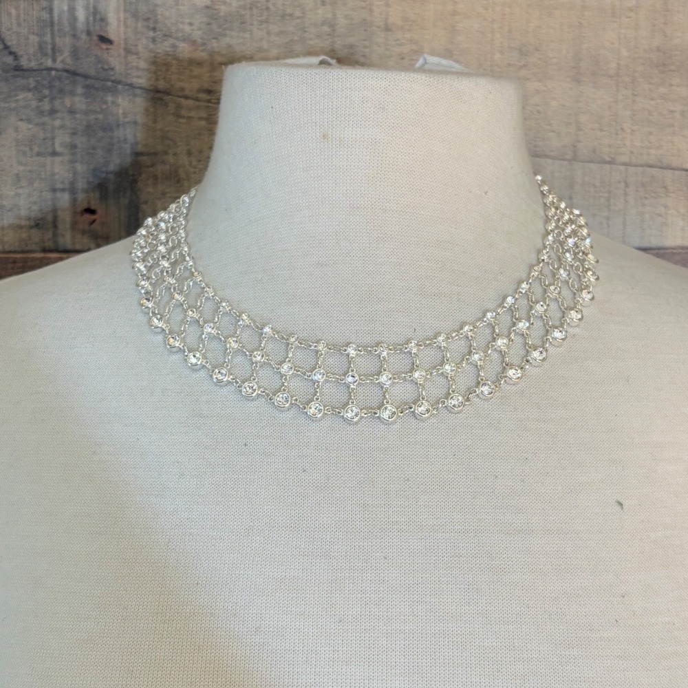 Silver Tone Crystal Lattice Mesh Bib Choker Statement Necklace